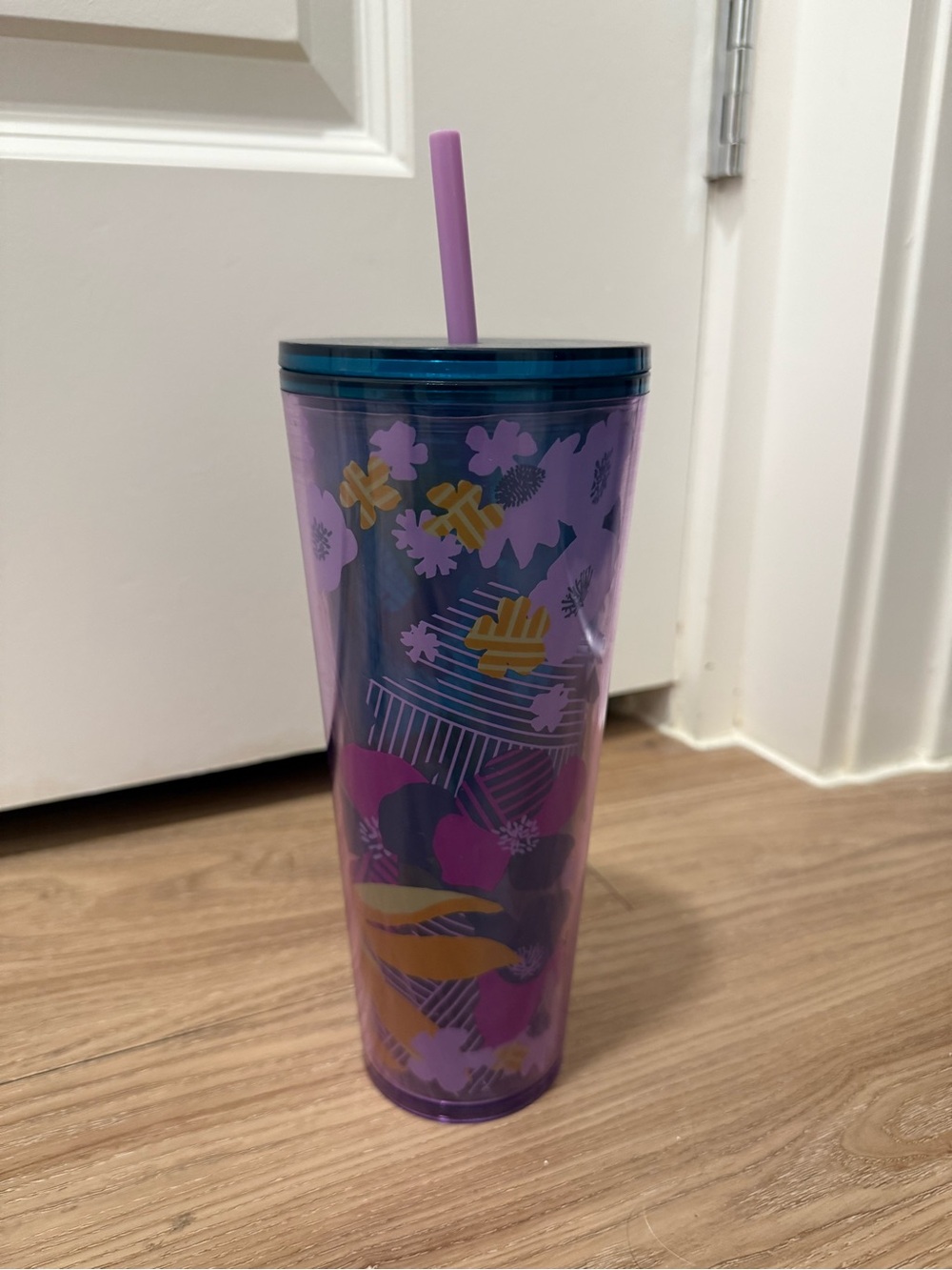 Starbucks Purple Floral Acrylic Tumbler with Blue Lid